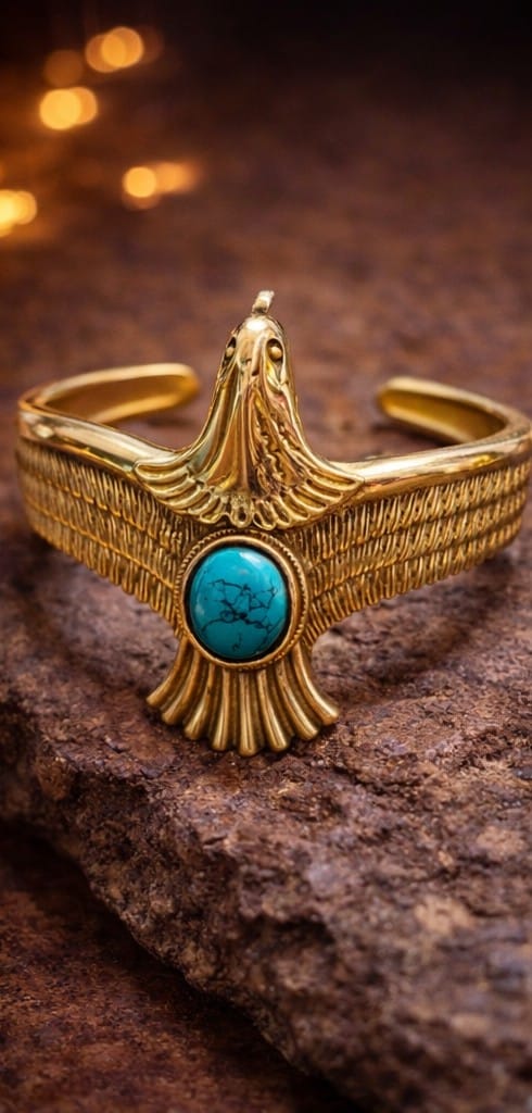 Boho Eagle Design Cuff Bracelet with Turquoise Stone | Gold Plated Artificial Jewelry