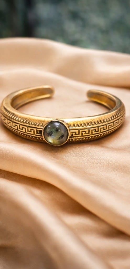 Minimal Gold Cuff Bracelet with Green Stone | Adjustable Artificial Jewelry for Women and Men
