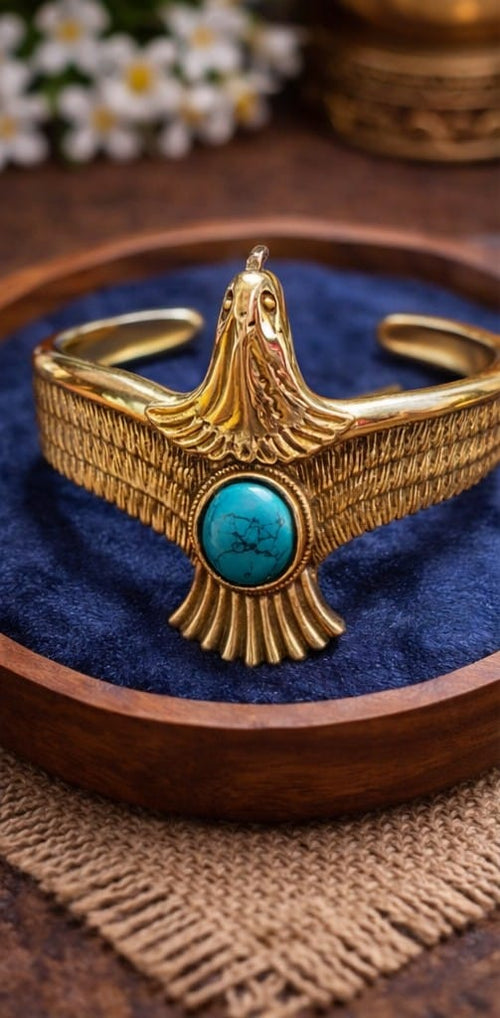 Boho Eagle Design Cuff Bracelet with Turquoise Stone | Gold Plated Artificial Jewelry