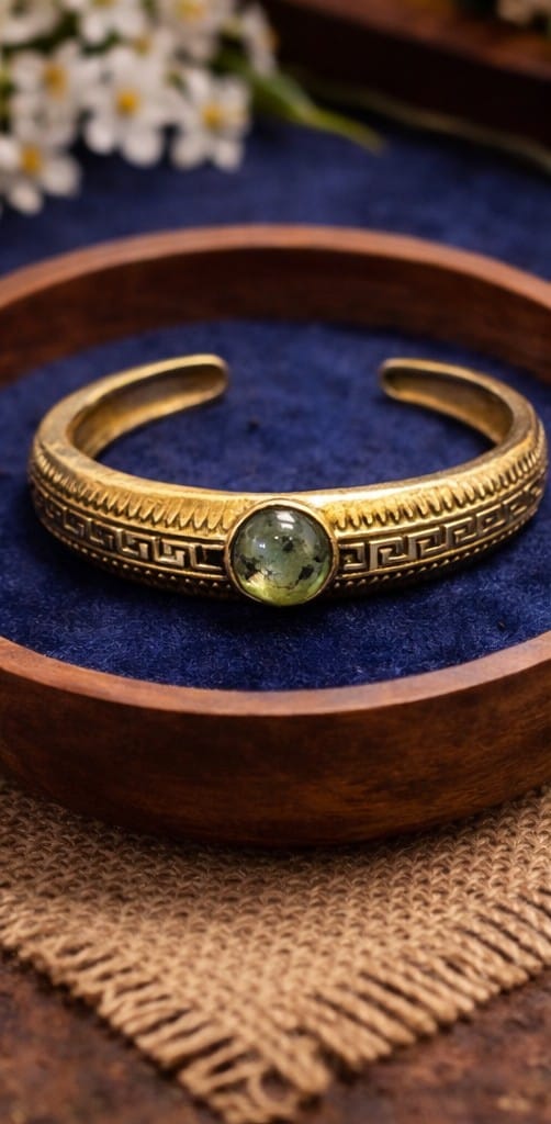 Minimal Gold Cuff Bracelet with Green Stone | Adjustable Artificial Jewelry for Women and Men