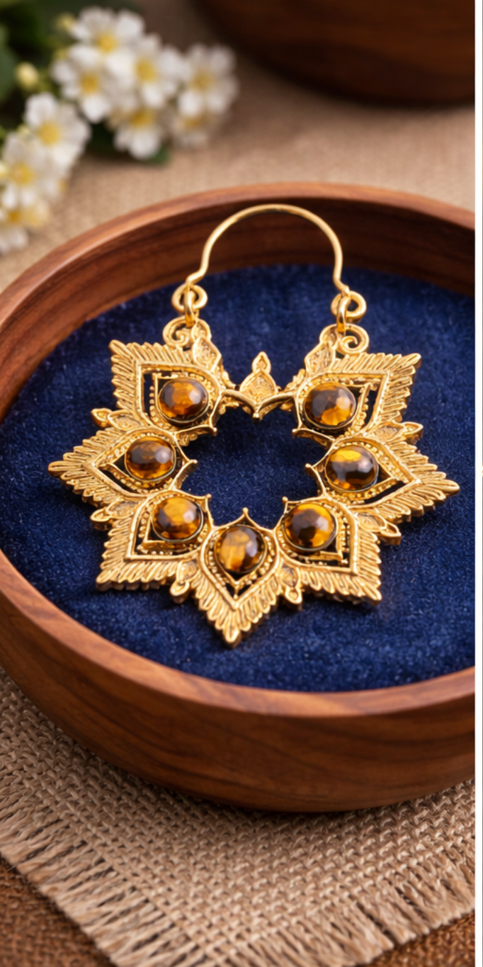 Orange Stone Floral Hoop Earrings for Women | Gold Plated Artificial Jewelry