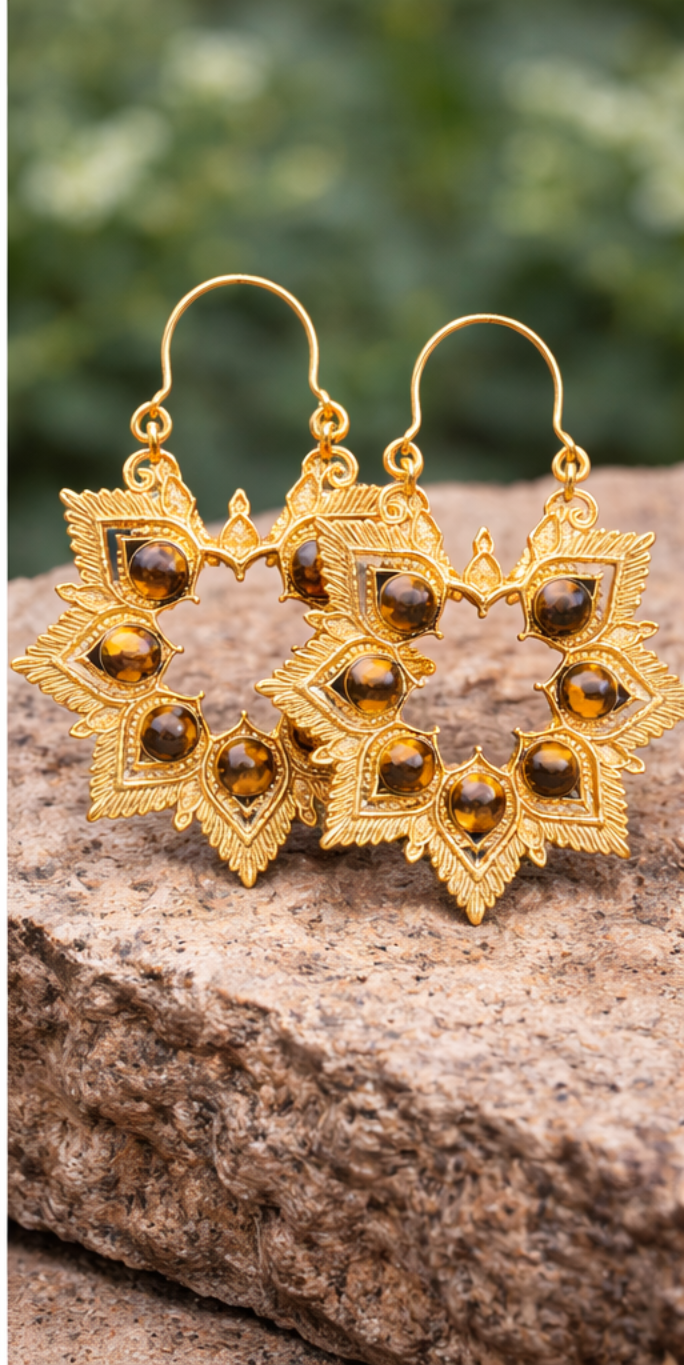 Orange Stone Floral Hoop Earrings for Women | Gold Plated Artificial Jewelry