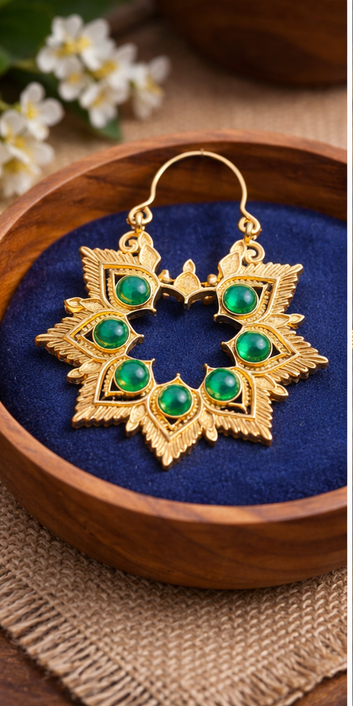 Green Stone Floral Hoop Earrings for Women | Gold Plated Artificial Jewelry