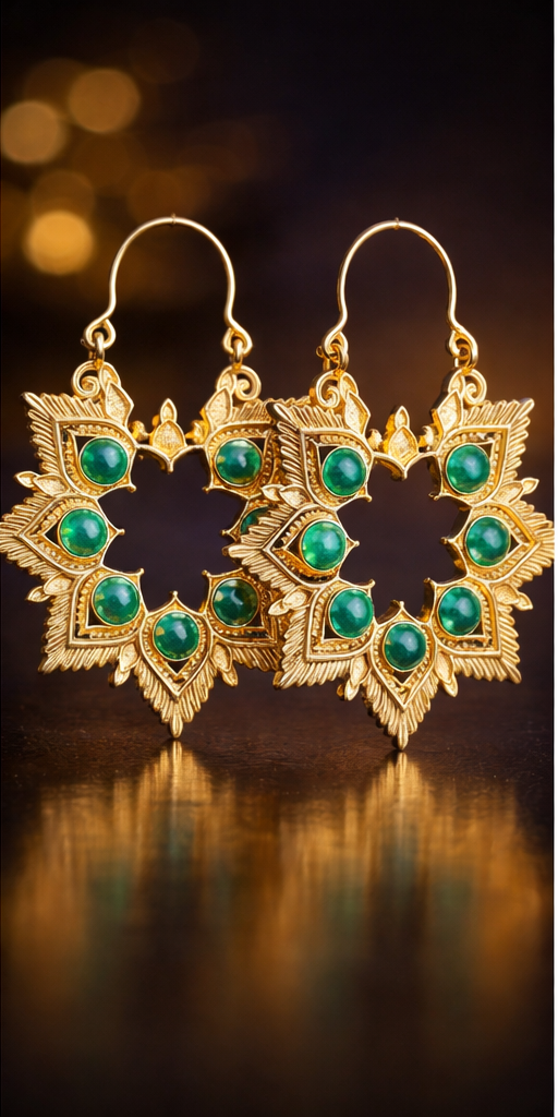 Green Stone Floral Hoop Earrings for Women | Gold Plated Artificial Jewelry