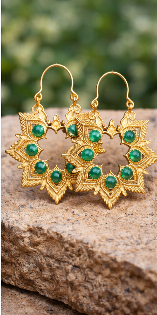 Green Stone Floral Hoop Earrings for Women | Gold Plated Artificial Jewelry