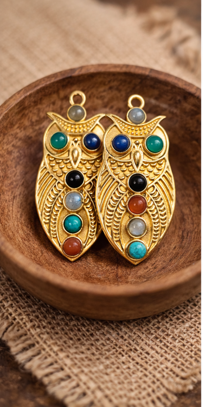Vintage Jewelry Beautiful Gold Tone Rhinestone and Jelly Cabs Owl Pin Brooch