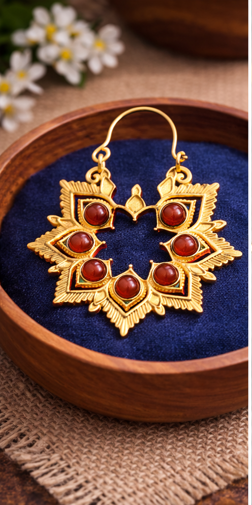 Red Stone Floral Hoop Earrings for Women | Gold Plated Artificial Jewelry