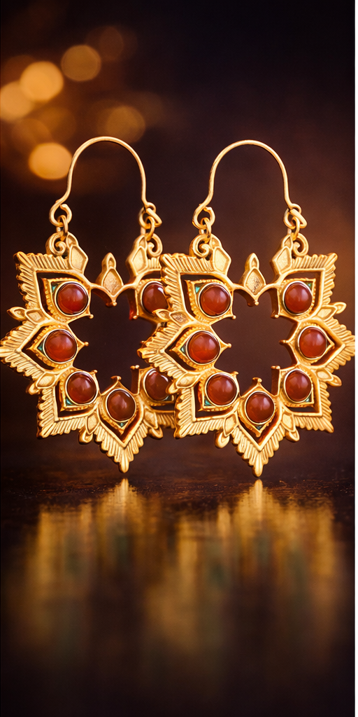 Red Stone Floral Hoop Earrings for Women | Gold Plated Artificial Jewelry