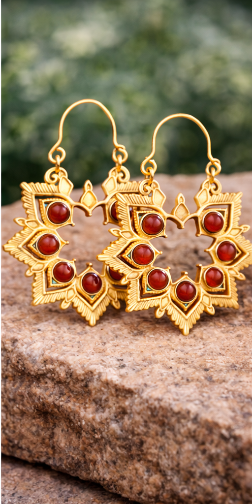 Red Stone Floral Hoop Earrings for Women | Gold Plated Artificial Jewelry